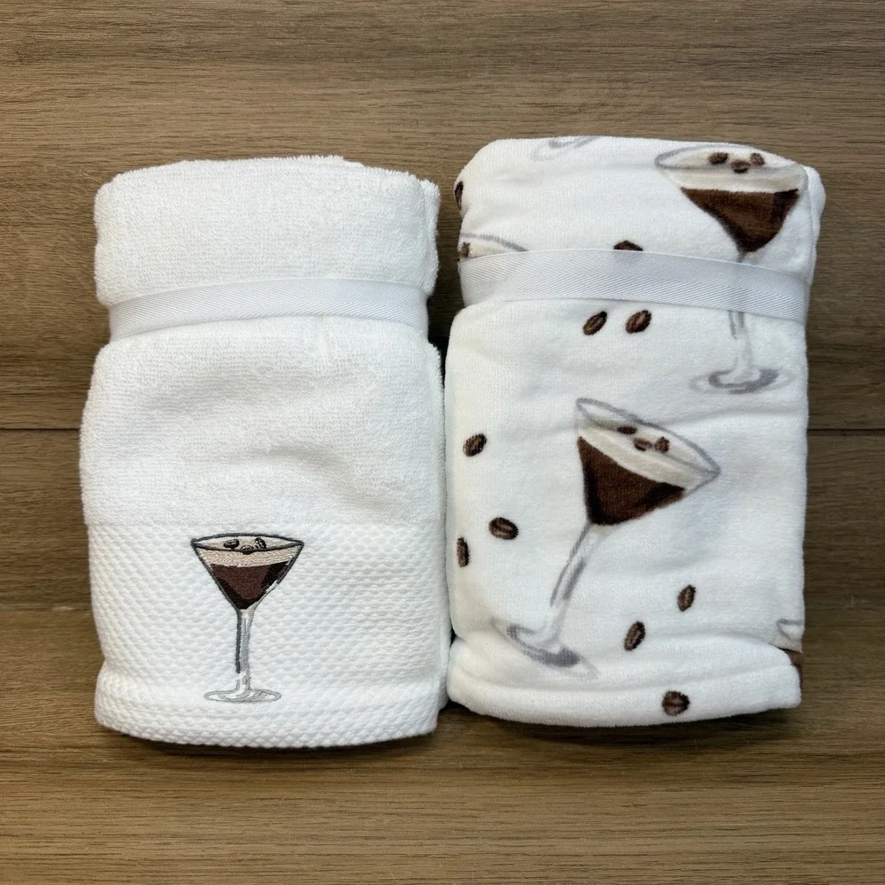 Deborah Connolly Designs Espresso Martini Hand Towel Set Of 4 White Embroidered